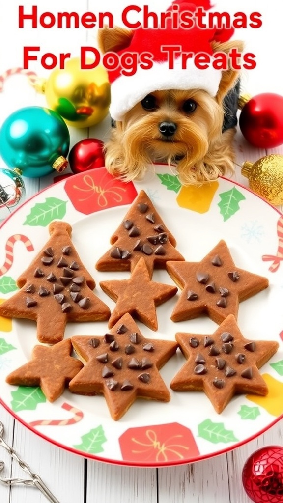 Christmas Aesthetic Yorkie Treats Recipe Homemade Christmas dog treats shaped like trees and stars, decorated with carob chips, with a Yorkie in a Santa hat.